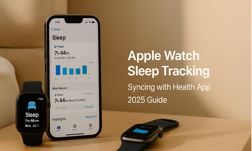 Apple Watch showing sleep data synced to iPhone Health app interface