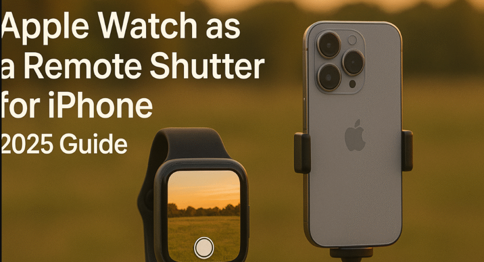 Apple Watch used as remote shutter for iPhone camera on tripod capturing a group photo