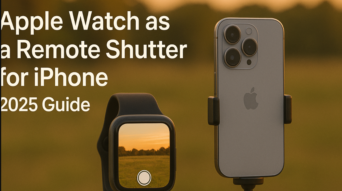 Apple Watch used as remote shutter for iPhone camera on tripod capturing a group photo