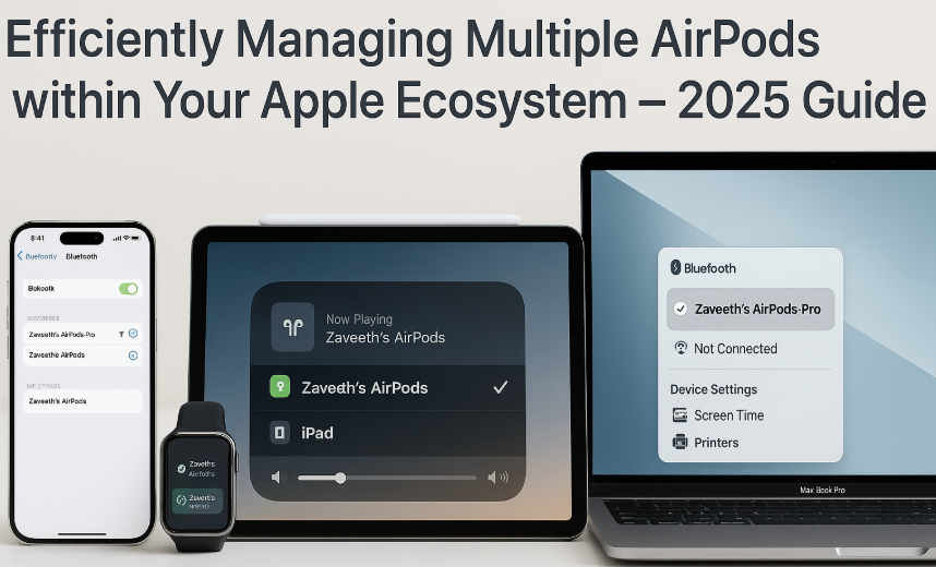 Apple devices managing multiple AirPods, switching between AirPods on Mac and iPhone, AirPods Pro synced via iCloud on iOS 18
