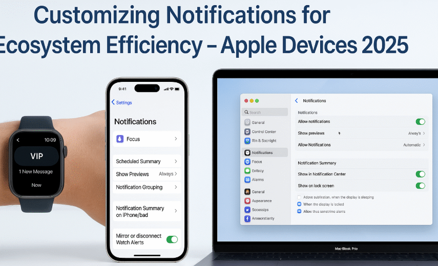 Custom Apple notification settings on iPhone, Mac and Watch in sync, Apple Watch showing filtered alerts, Focus mode syncing across Apple devices