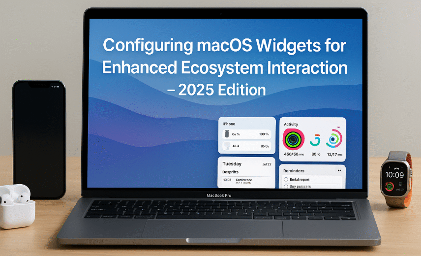 Mac desktop with widgets syncing data from iPhone, Watch, and Calendar; customized macOS widget stack showing Health, Reminders, and Battery
