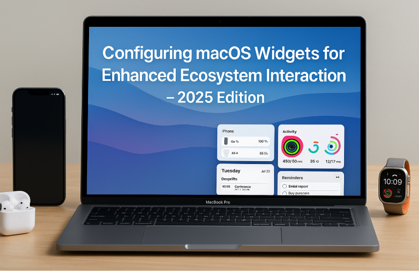 Mac desktop with widgets syncing data from iPhone, Watch, and Calendar; customized macOS widget stack showing Health, Reminders, and Battery