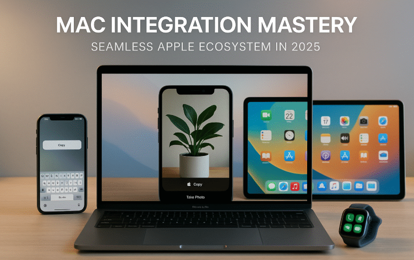 MacBook Pro connected wirelessly with iPhone, iPad, and Apple Watch in a seamless Apple ecosystem setup