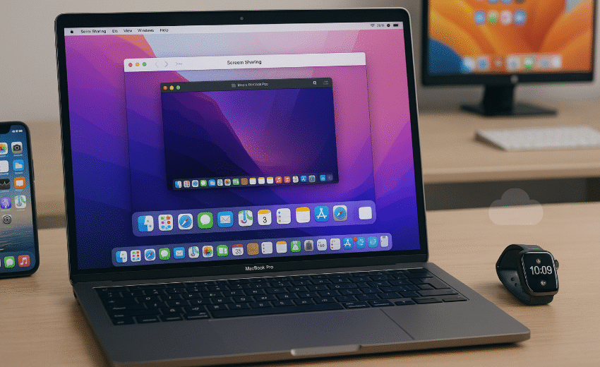 MacBook Pro screen sharing settings interface with Apple Watch and iPhone in background, Remote device management with macOS Ventura, Apple ecosystem screen sharing setup 2025