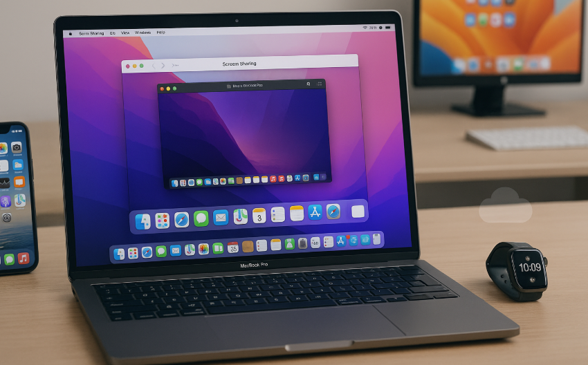 MacBook Pro screen sharing settings interface with Apple Watch and iPhone in background, Remote device management with macOS Ventura, Apple ecosystem screen sharing setup 2025