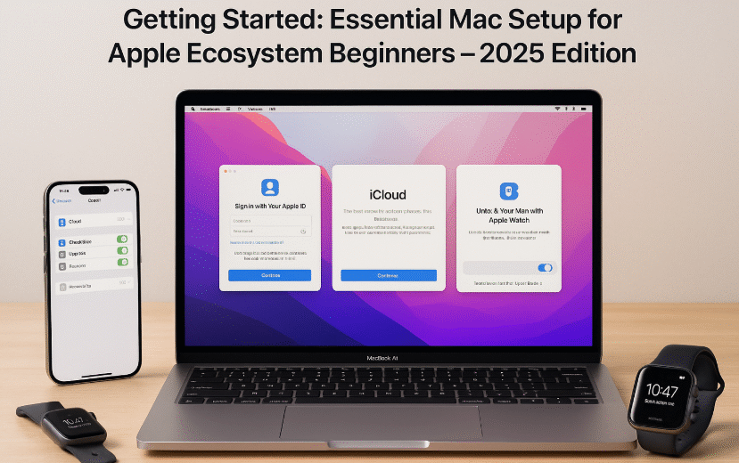 MacBook being set up with iCloud, Apple ID, iPhone syncing, and Apple Watch unlock enabled for Apple ecosystem integration