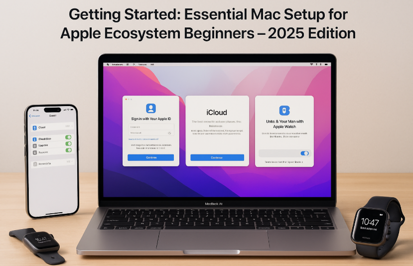 MacBook being set up with iCloud, Apple ID, iPhone syncing, and Apple Watch unlock enabled for Apple ecosystem integration