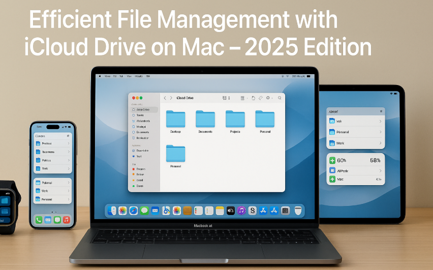 MacBook screen showing organized iCloud Drive folders, iCloud settings panel on macOS 2025, synced files across iPhone and Mac