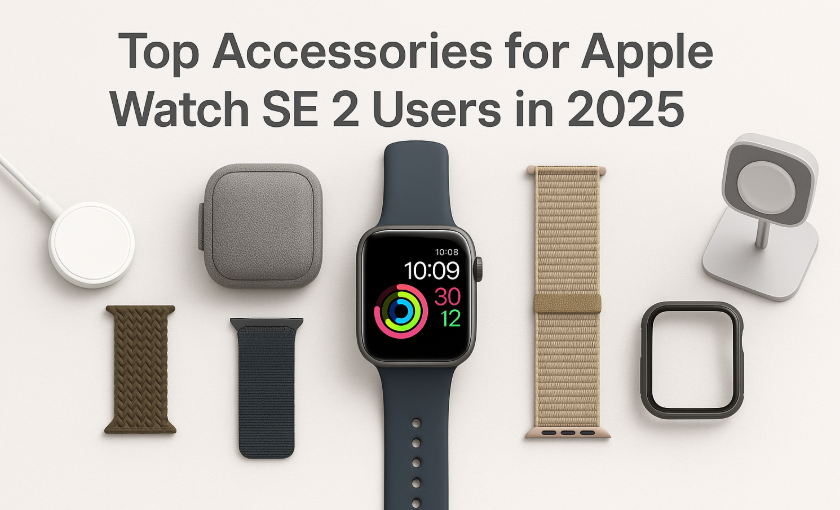 Must-have Apple Watch SE 2 accessories including charger, stand, bands, and travel case displayed on a table – 2025