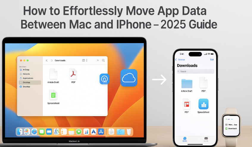 Transferring app data from Mac to iPhone via AirDrop, iCloud settings showing data sync between Mac and iPhone, Handoff feature in use for app continuity
