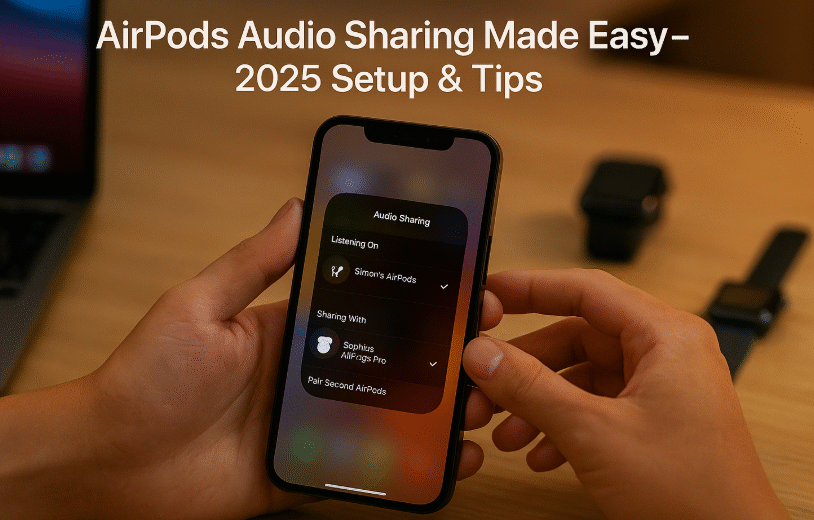 Two sets of AirPods connected to one iPhone for audio sharing