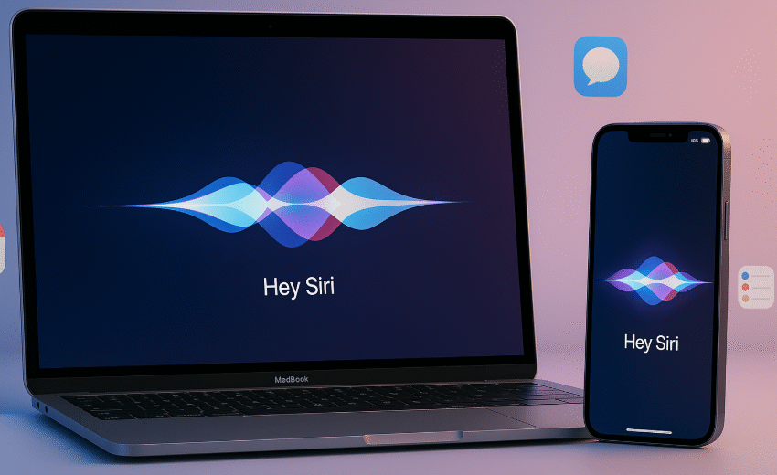 User activating Siri on Mac with voice command interface, Siri managing Apple devices across iPhone and Mac, Siri automation command interface on iOS 18
