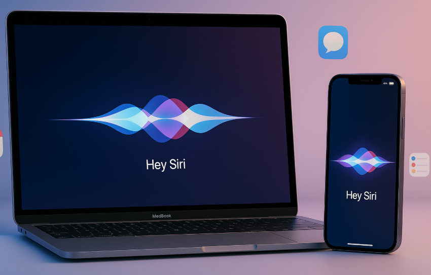 User activating Siri on Mac with voice command interface, Siri managing Apple devices across iPhone and Mac, Siri automation command interface on iOS 18