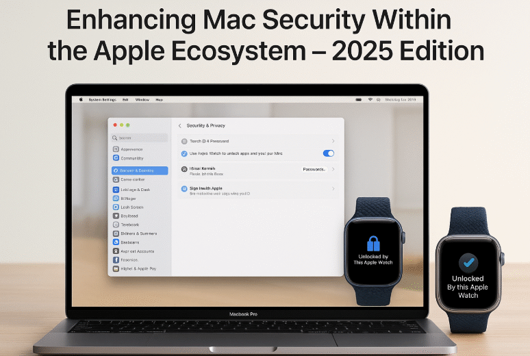 MacBook showing iCloud security settings, Apple Watch unlocking Mac, Mac with FileVault and Firewall settings enabled in System Settings