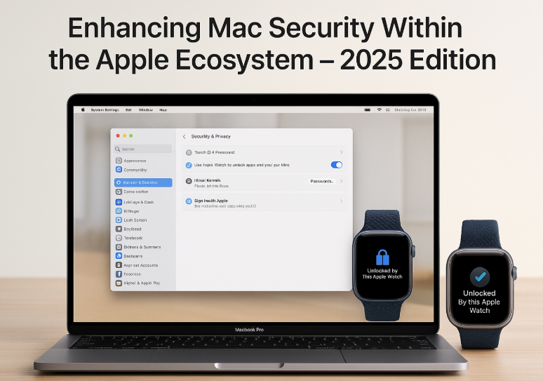 MacBook showing iCloud security settings, Apple Watch unlocking Mac, Mac with FileVault and Firewall settings enabled in System Settings
