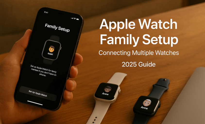 Family using Apple Watch setup on iPhone", "Apple Watch SE 2 ready for Family Setup", "iPhone screen showing multiple connected Watches