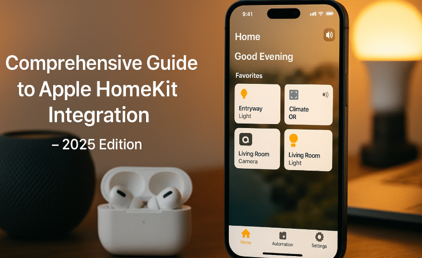 iPhone 15 displaying Apple Home app, smart lights controlled via HomeKit, HomeKit secure video feed on iPhone