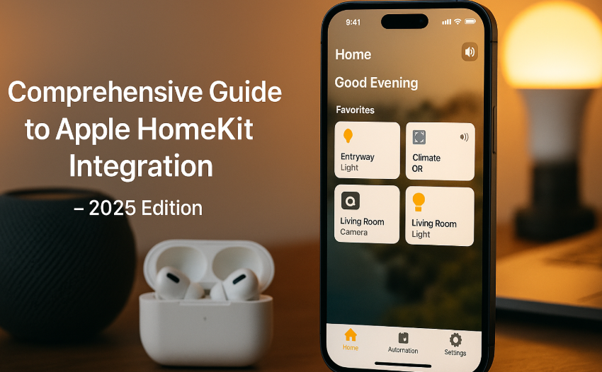 iPhone 15 displaying Apple Home app, smart lights controlled via HomeKit, HomeKit secure video feed on iPhone