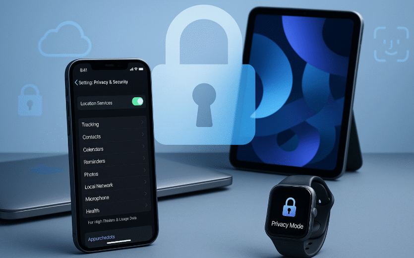 iPhone showing advanced iOS 18 security settings screen, Face ID setup on iPad next to iPhone, Apple integrated devices with security lock icons