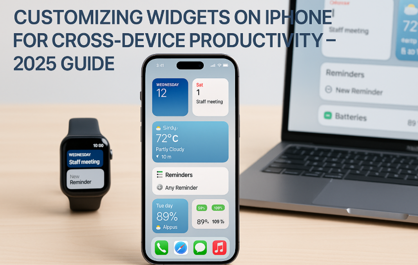 iPhone widgets customized for productivity with synced Apple devices, Smart Stack widget layout for iOS 18, cross-device sync with Apple Watch and Mac using iPhone widgets