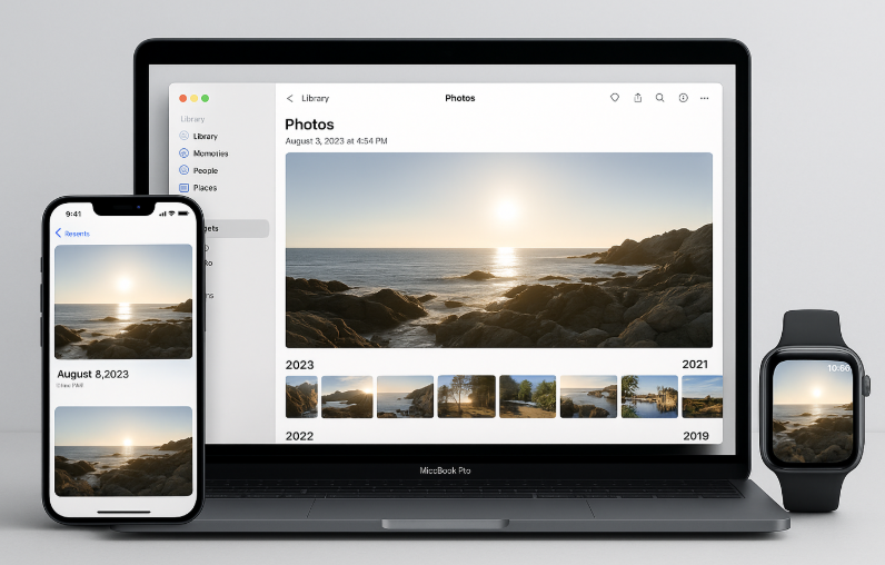 managing photos on Apple devices, syncing photos across iPhone, Mac, and Apple Watch, iCloud photo library, Apple Watch photo app, photo organization, Apple ecosystem photo sync