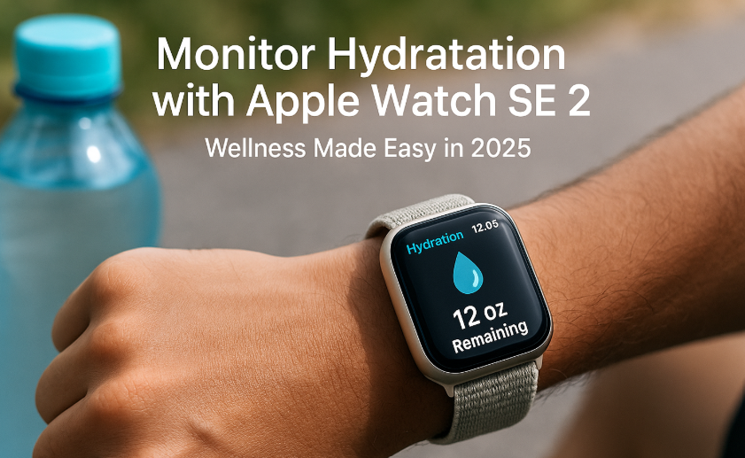 Apple Watch SE 2 showing hydration tracker app", "User logging water intake on Apple Watch", "Hydration reminder alert on Apple Watch screen