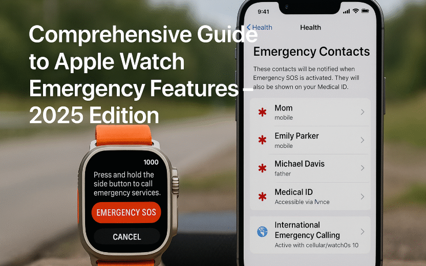 Apple Watch displaying SOS emergency screen, Apple Watch fall detection alert, Apple Watch crash detection notification with emergency call