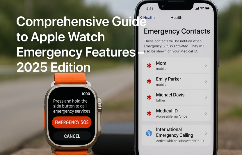 Apple Watch displaying SOS emergency screen, Apple Watch fall detection alert, Apple Watch crash detection notification with emergency call