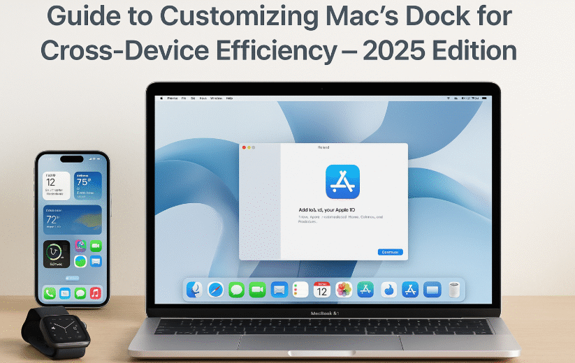 Mac Dock customized with iPhone, Safari, Messages, FaceTime icons for seamless cross-device integration