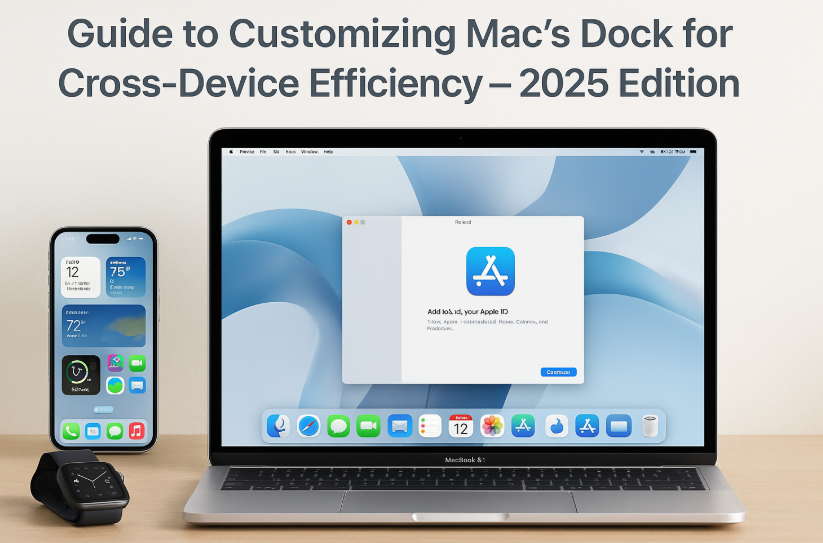 Mac Dock customized with iPhone, Safari, Messages, FaceTime icons for seamless cross-device integration