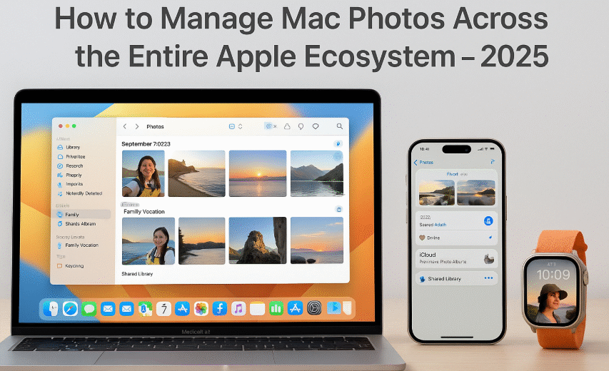 iCloud Photo Library syncing Mac and iPhone, Shared photo albums on Mac Photos app, Apple Watch showing synced photo face