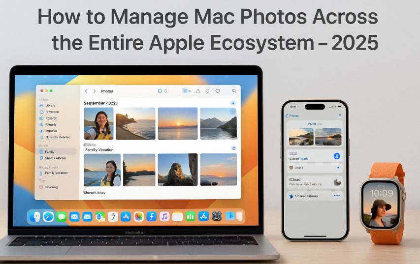 iCloud Photo Library syncing Mac and iPhone, Shared photo albums on Mac Photos app, Apple Watch showing synced photo face