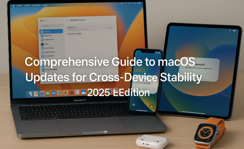 MacBook running macOS 2025 displaying continuity settings, iPhone syncing with Mac after update, AirPods and Apple Watch connected to MacBook