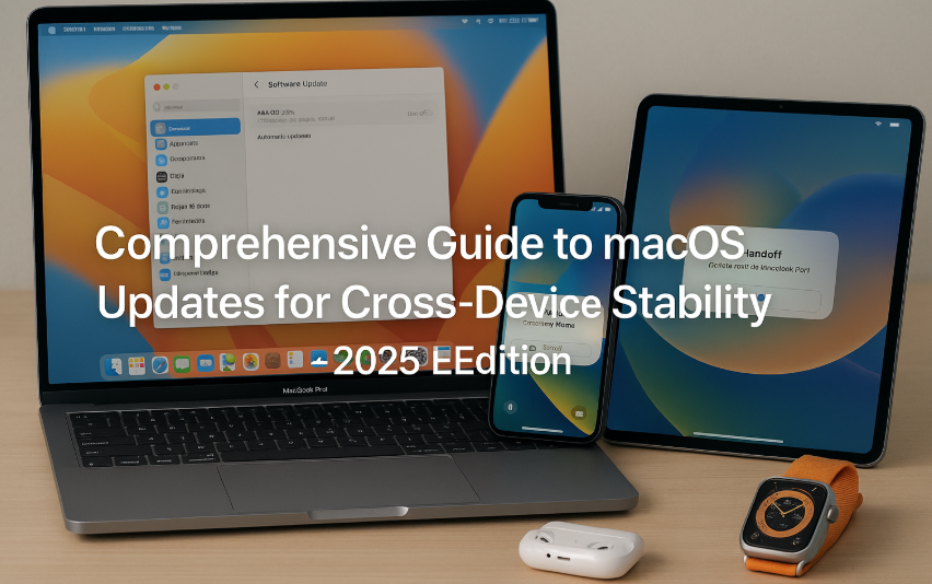 MacBook running macOS 2025 displaying continuity settings, iPhone syncing with Mac after update, AirPods and Apple Watch connected to MacBook